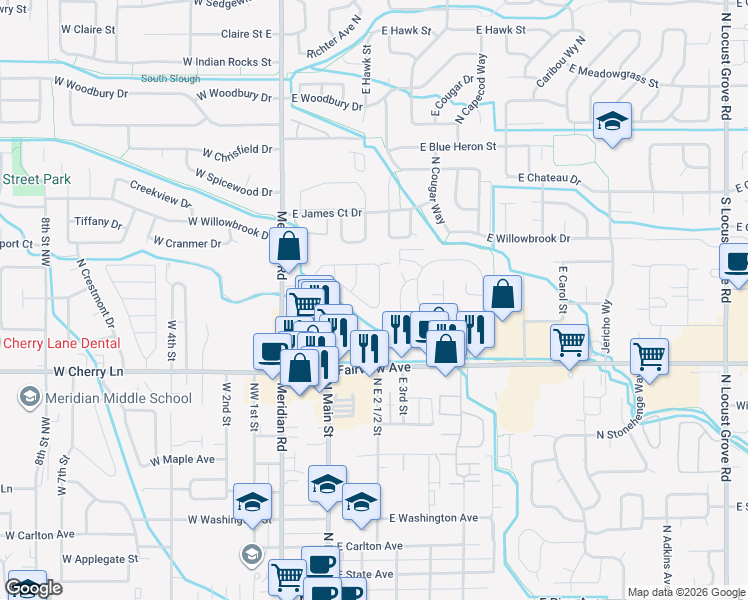 map of restaurants, bars, coffee shops, grocery stores, and more near 318 East Spinosa Drive in Meridian