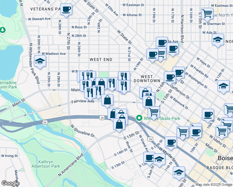 map of restaurants, bars, coffee shops, grocery stores, and more near 2227 West Main Street in Boise