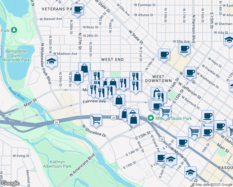 map of restaurants, bars, coffee shops, grocery stores, and more near 2301 West Main Street in Boise