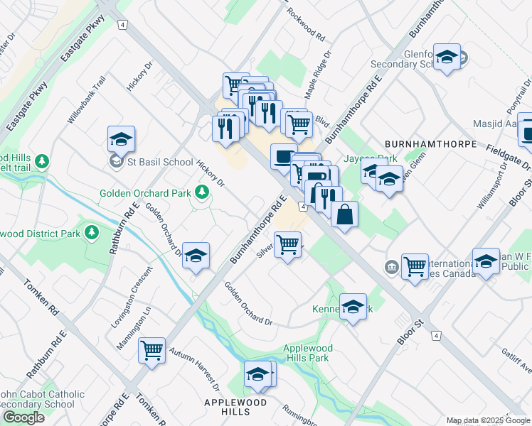 map of restaurants, bars, coffee shops, grocery stores, and more near 4015 Hickory Drive in Mississauga