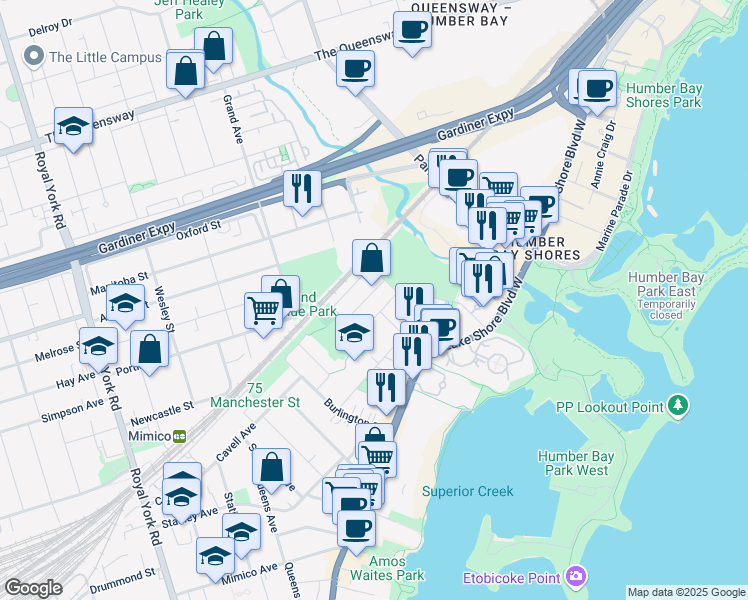 map of restaurants, bars, coffee shops, grocery stores, and more near 25 Bluewater Court in Toronto