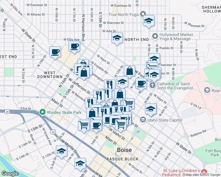 map of restaurants, bars, coffee shops, grocery stores, and more near 1119 West Washington Street in Boise