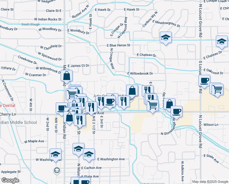 map of restaurants, bars, coffee shops, grocery stores, and more near 170 Barbara Drive in Meridian
