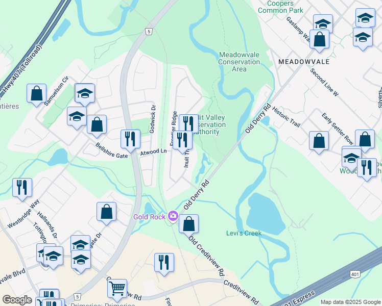 map of restaurants, bars, coffee shops, grocery stores, and more near 1366 Inuit Trail in Mississauga