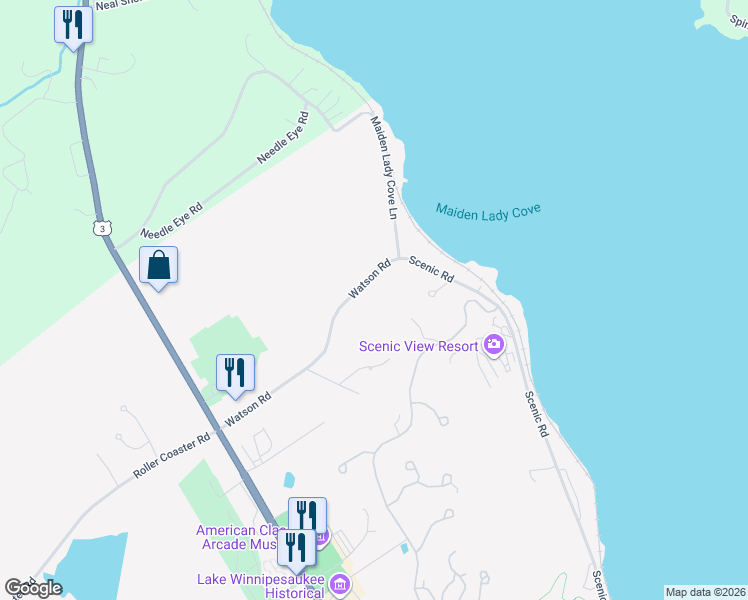 map of restaurants, bars, coffee shops, grocery stores, and more near 728 Scenic Road in Laconia