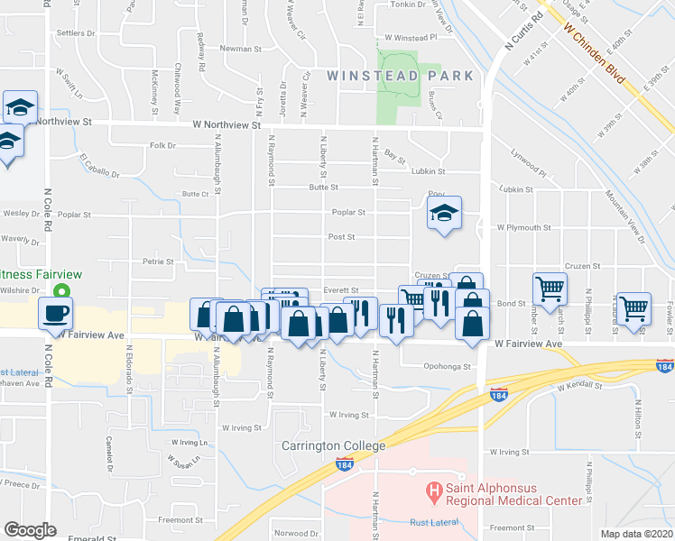 map of restaurants, bars, coffee shops, grocery stores, and more near 6315 Russett Street in Boise