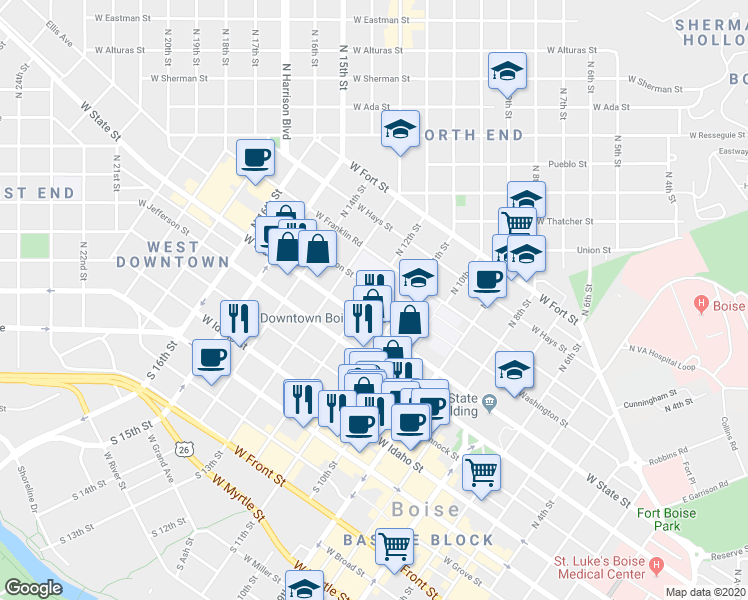 map of restaurants, bars, coffee shops, grocery stores, and more near 1202 West State Street in Boise