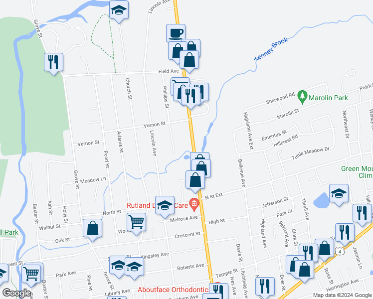 map of restaurants, bars, coffee shops, grocery stores, and more near 187 North Main Street in Rutland