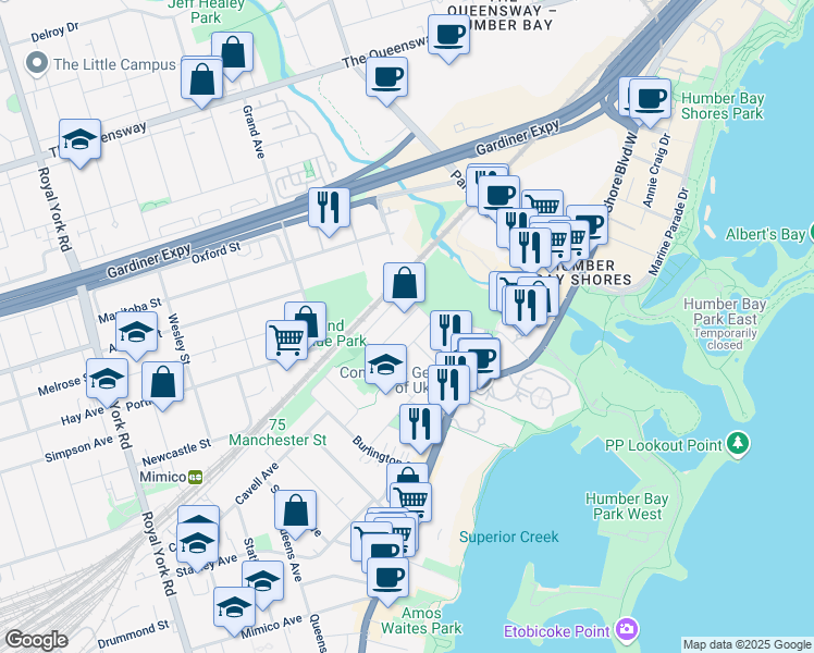 map of restaurants, bars, coffee shops, grocery stores, and more near 25 Bluewater Court in Toronto