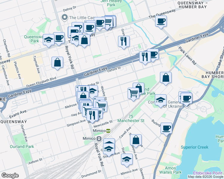 map of restaurants, bars, coffee shops, grocery stores, and more near in Toronto