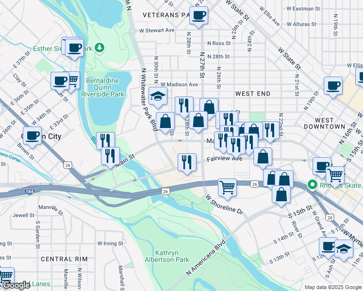 map of restaurants, bars, coffee shops, grocery stores, and more near 2811 West Main Street in Boise