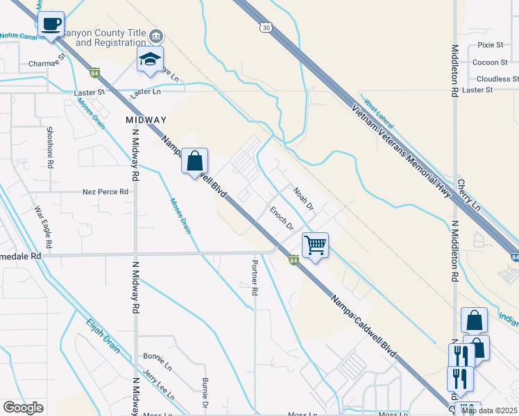map of restaurants, bars, coffee shops, grocery stores, and more near 304 Abraham Way in Caldwell
