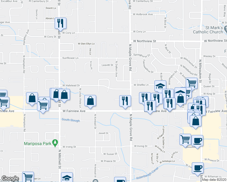 map of restaurants, bars, coffee shops, grocery stores, and more near 9117 West Halstead Drive in Boise
