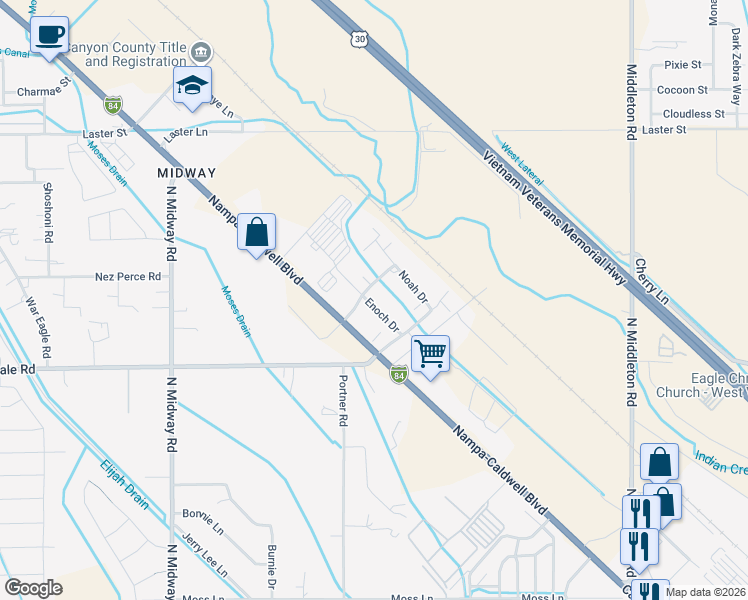 map of restaurants, bars, coffee shops, grocery stores, and more near 304 Abraham Way in Caldwell