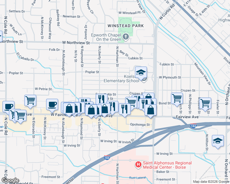 map of restaurants, bars, coffee shops, grocery stores, and more near 1819 North Hartman Street in Boise