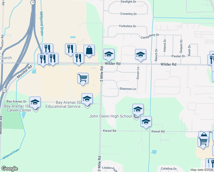 map of restaurants, bars, coffee shops, grocery stores, and more near 3021 Shannon Lane in Bay City