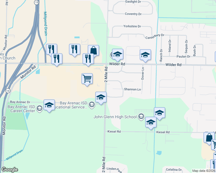 map of restaurants, bars, coffee shops, grocery stores, and more near 3021 Shannon Lane in Bay City
