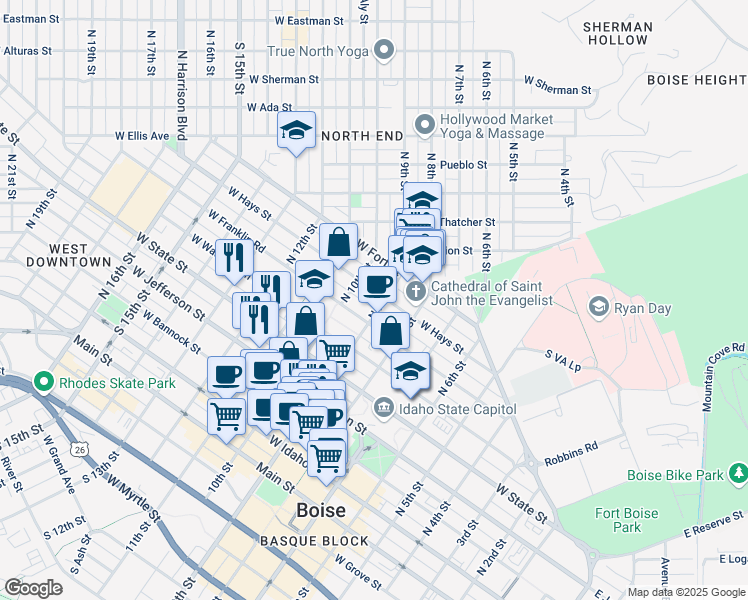 map of restaurants, bars, coffee shops, grocery stores, and more near 907 West Hays Street in Boise