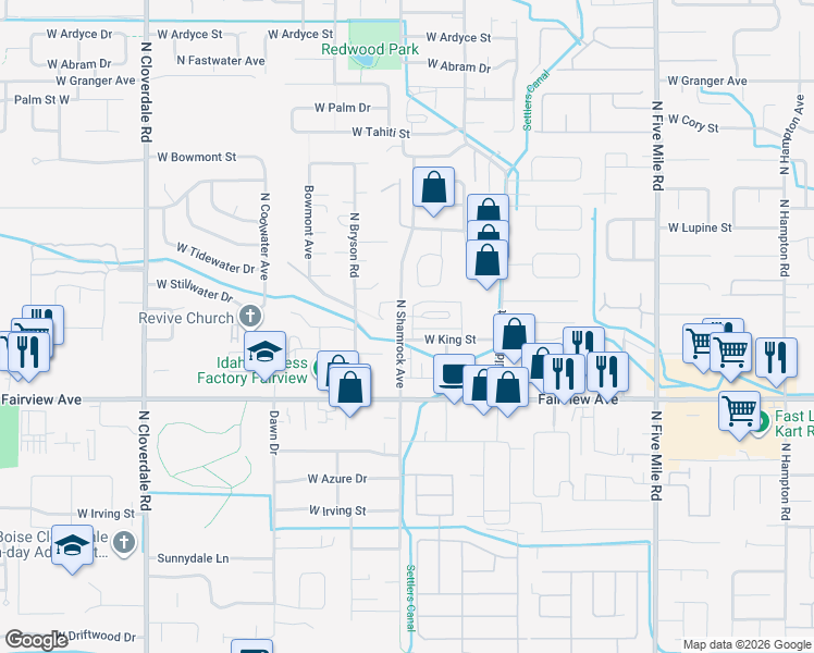 map of restaurants, bars, coffee shops, grocery stores, and more near 11355 West Knightsbridge Court in Boise