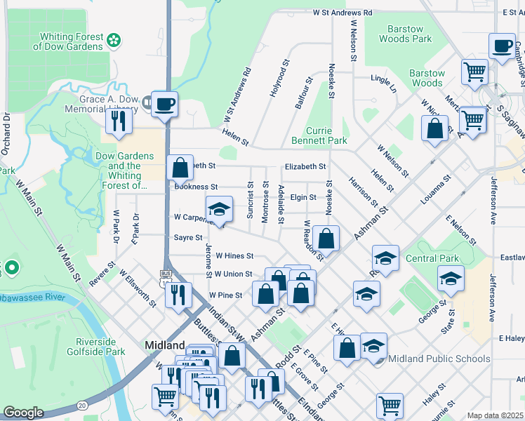 map of restaurants, bars, coffee shops, grocery stores, and more near 1505 Montrose Street in Midland