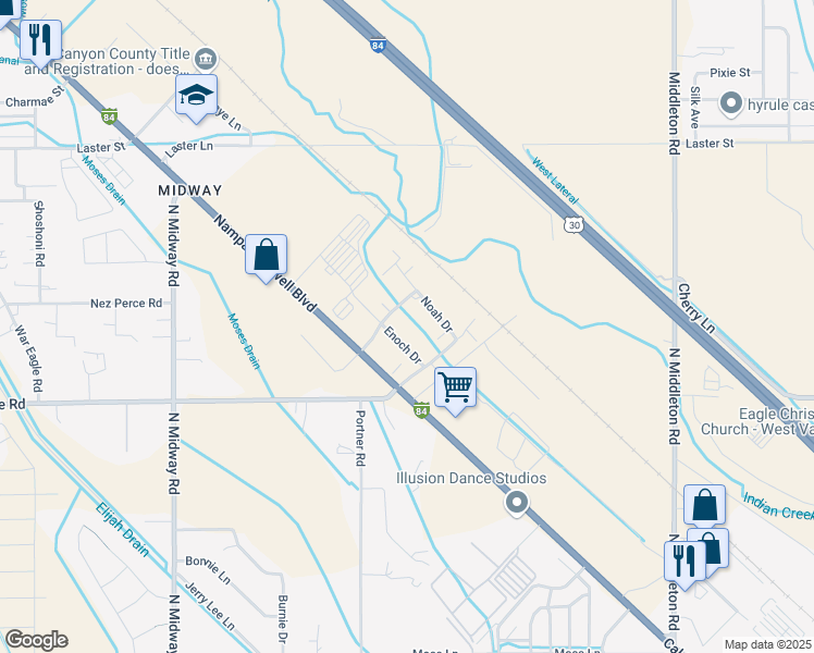 map of restaurants, bars, coffee shops, grocery stores, and more near 7015 Enoch Drive in Caldwell