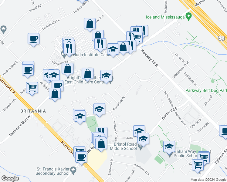 map of restaurants, bars, coffee shops, grocery stores, and more near 5472 Antrex Crescent in Mississauga