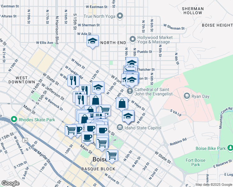 map of restaurants, bars, coffee shops, grocery stores, and more near 907 West Hays Street in Boise