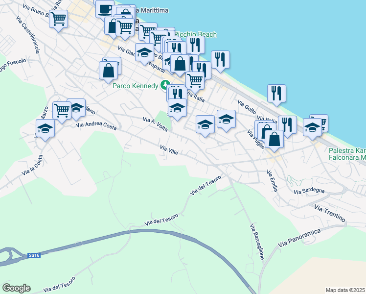 map of restaurants, bars, coffee shops, grocery stores, and more near 13C Via Ville in Falconara Marittima