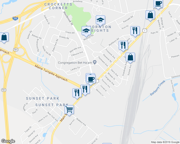 map of restaurants, bars, coffee shops, grocery stores, and more near 66 Westbrook Street in South Portland