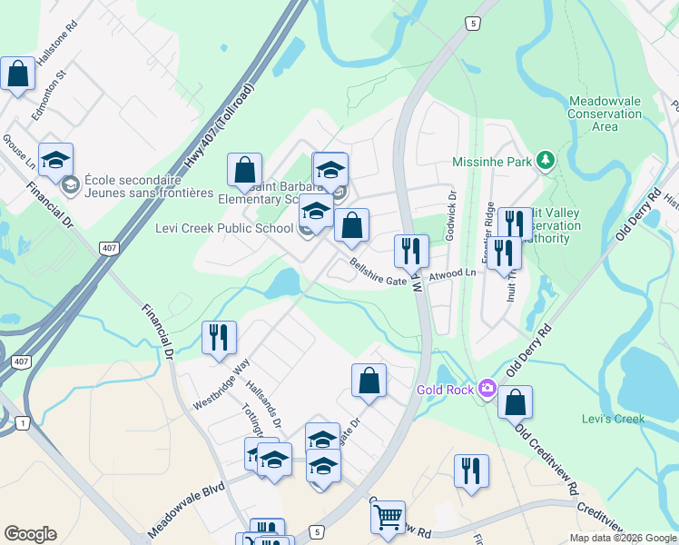 map of restaurants, bars, coffee shops, grocery stores, and more near 7284 Bellshire Gate in Mississauga