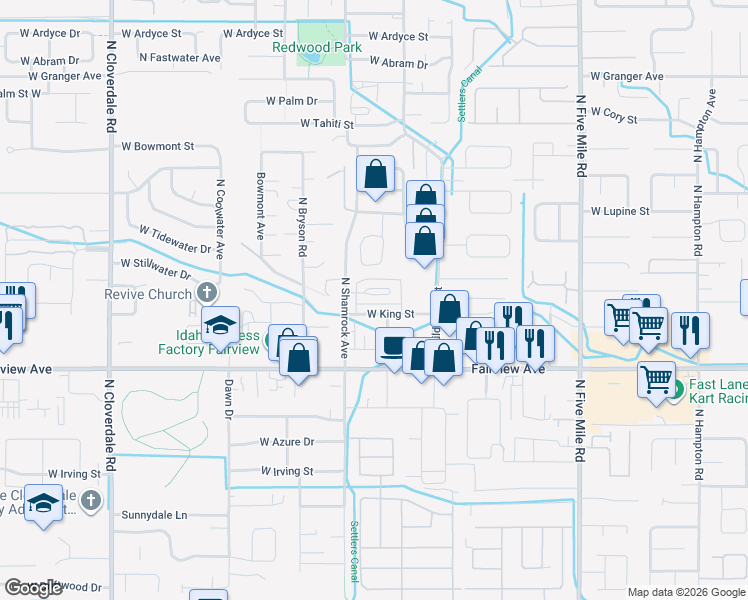 map of restaurants, bars, coffee shops, grocery stores, and more near 11355 West Knightsbridge Court in Boise