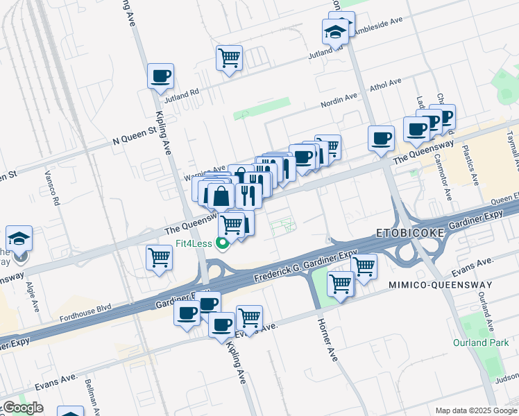 map of restaurants, bars, coffee shops, grocery stores, and more near in Etobicoke