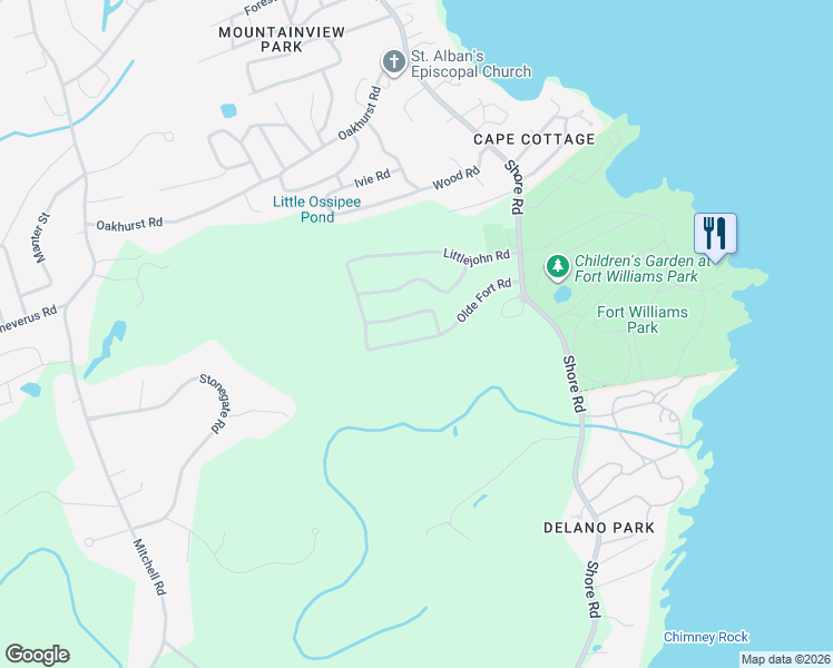map of restaurants, bars, coffee shops, grocery stores, and more near 25 Olde Fort Road in Cape Elizabeth