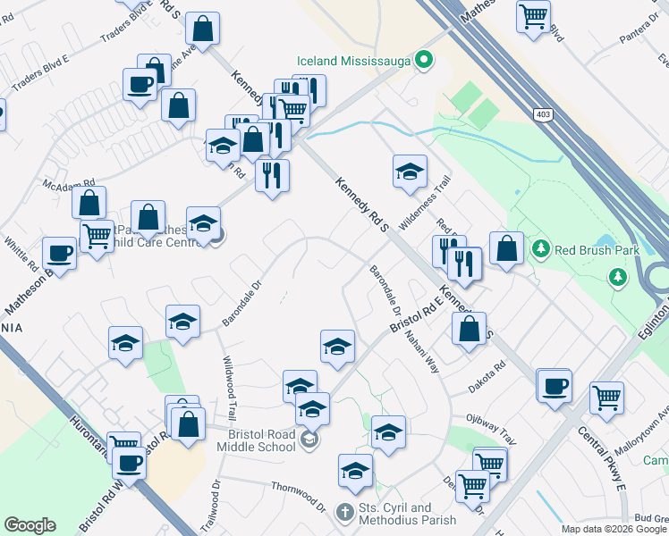 map of restaurants, bars, coffee shops, grocery stores, and more near 5504 Windy Hill Court in Mississauga