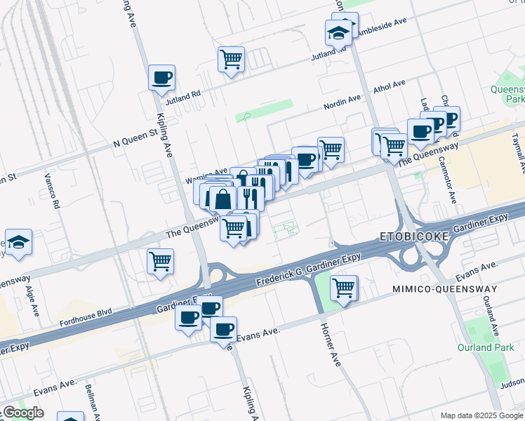 map of restaurants, bars, coffee shops, grocery stores, and more near in Toronto