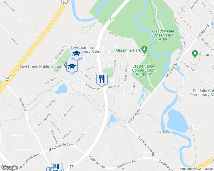 map of restaurants, bars, coffee shops, grocery stores, and more near 7215 Atwood Lane in Mississauga