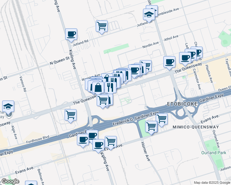 map of restaurants, bars, coffee shops, grocery stores, and more near 1195 The Queensway in Toronto