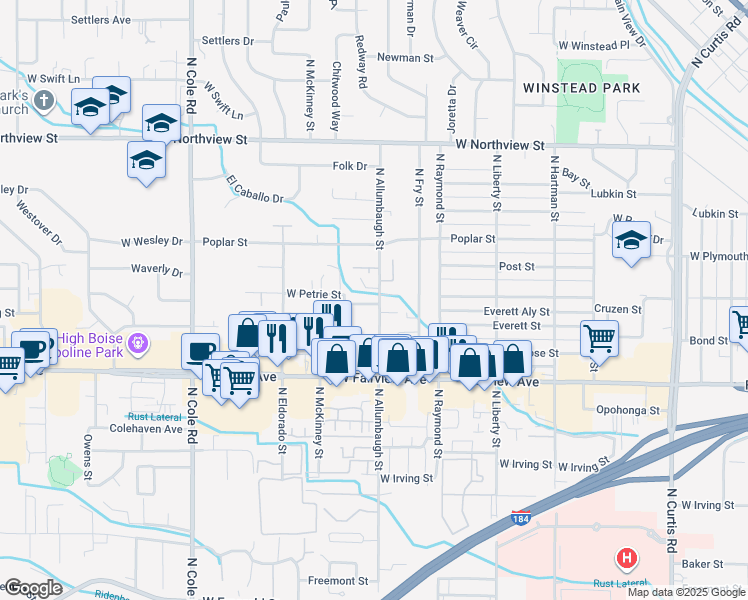 map of restaurants, bars, coffee shops, grocery stores, and more near 6800 West Russett Street in Boise