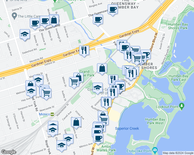 map of restaurants, bars, coffee shops, grocery stores, and more near 117 Harbourview Crescent in Toronto