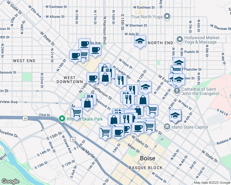 map of restaurants, bars, coffee shops, grocery stores, and more near 1303 West State Street in Boise