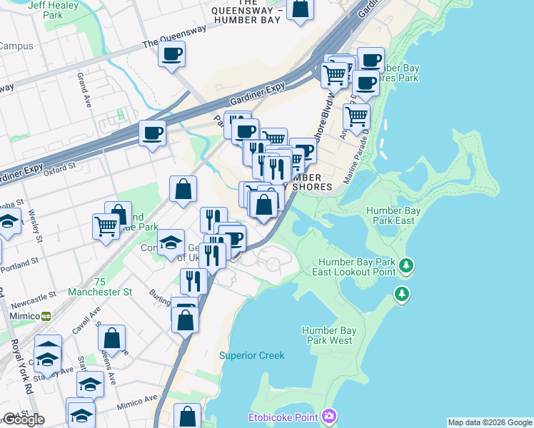 map of restaurants, bars, coffee shops, grocery stores, and more near 2230 Lake Shore Boulevard West in Toronto
