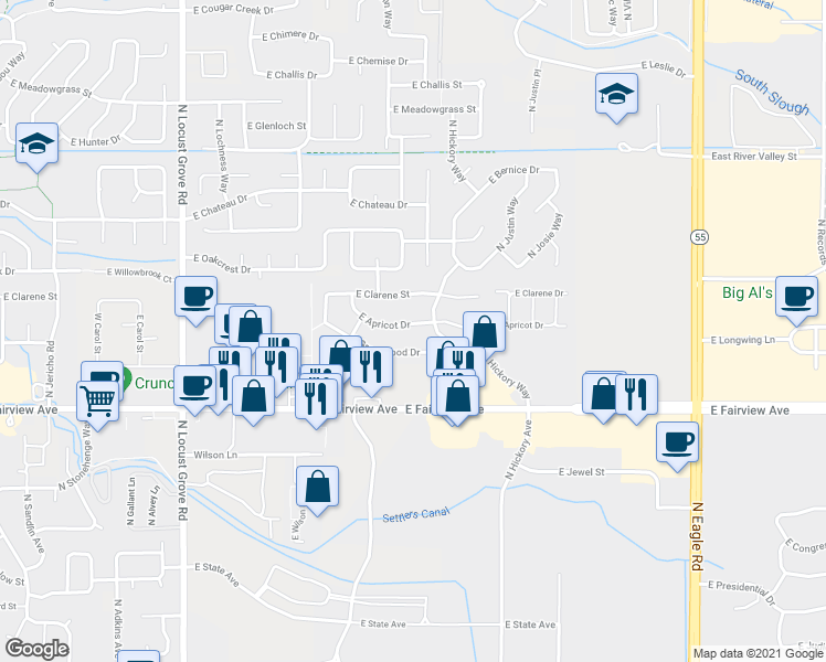 map of restaurants, bars, coffee shops, grocery stores, and more near 2463 East Apricot Drive in Meridian