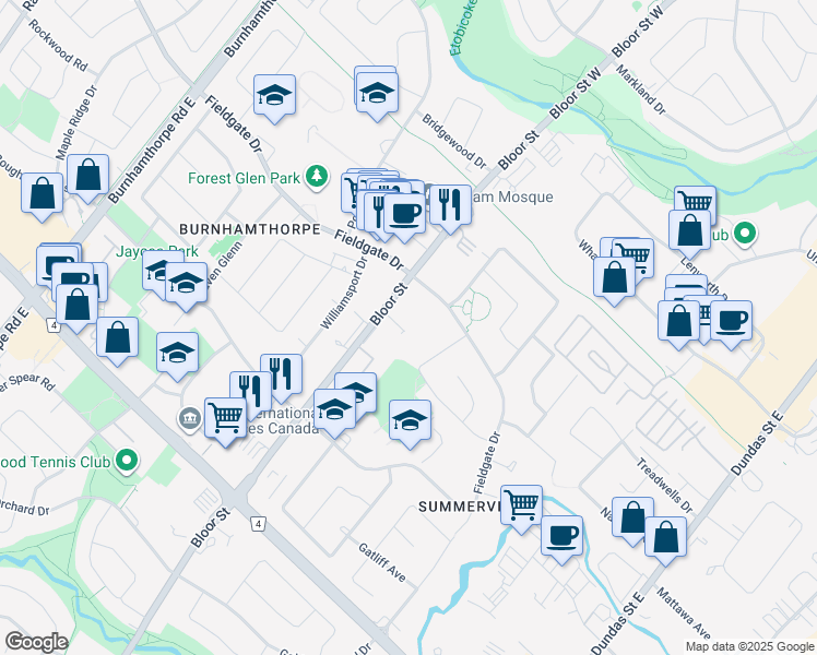 map of restaurants, bars, coffee shops, grocery stores, and more near 1660 Bloor Street in Mississauga
