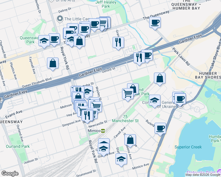 map of restaurants, bars, coffee shops, grocery stores, and more near 41 Algoma Street in Toronto