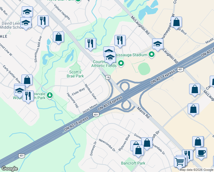 map of restaurants, bars, coffee shops, grocery stores, and more near 6604 Opera Glass Crescent in Mississauga