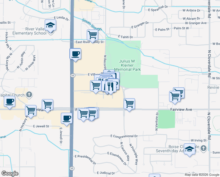 map of restaurants, bars, coffee shops, grocery stores, and more near 3635 East Longwing Lane in Meridian