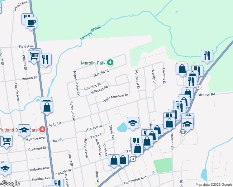 map of restaurants, bars, coffee shops, grocery stores, and more near 9 Tuttle Meadow Dr in Rutland