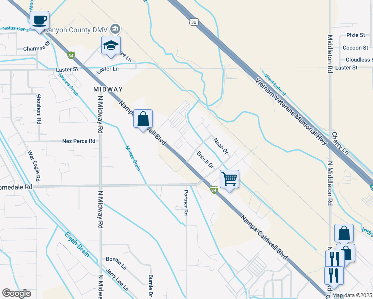 map of restaurants, bars, coffee shops, grocery stores, and more near 304 Abraham Way in Caldwell