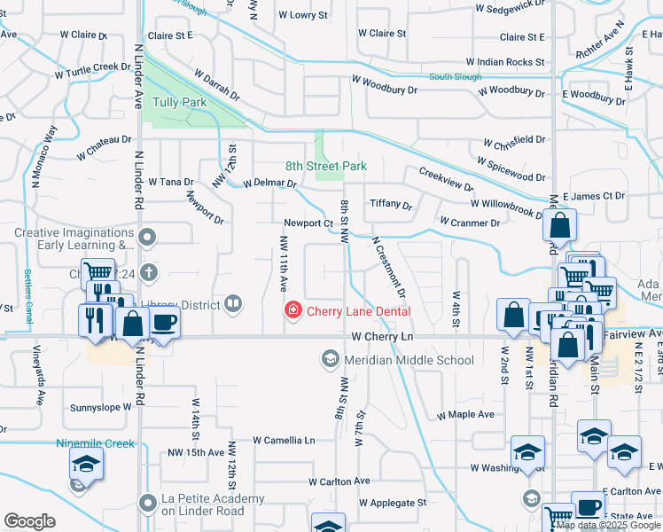 map of restaurants, bars, coffee shops, grocery stores, and more near 928 West McGlinchey Avenue in Meridian