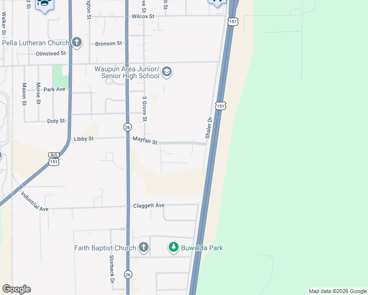map of restaurants, bars, coffee shops, grocery stores, and more near 827 Mayfair Street in Waupun